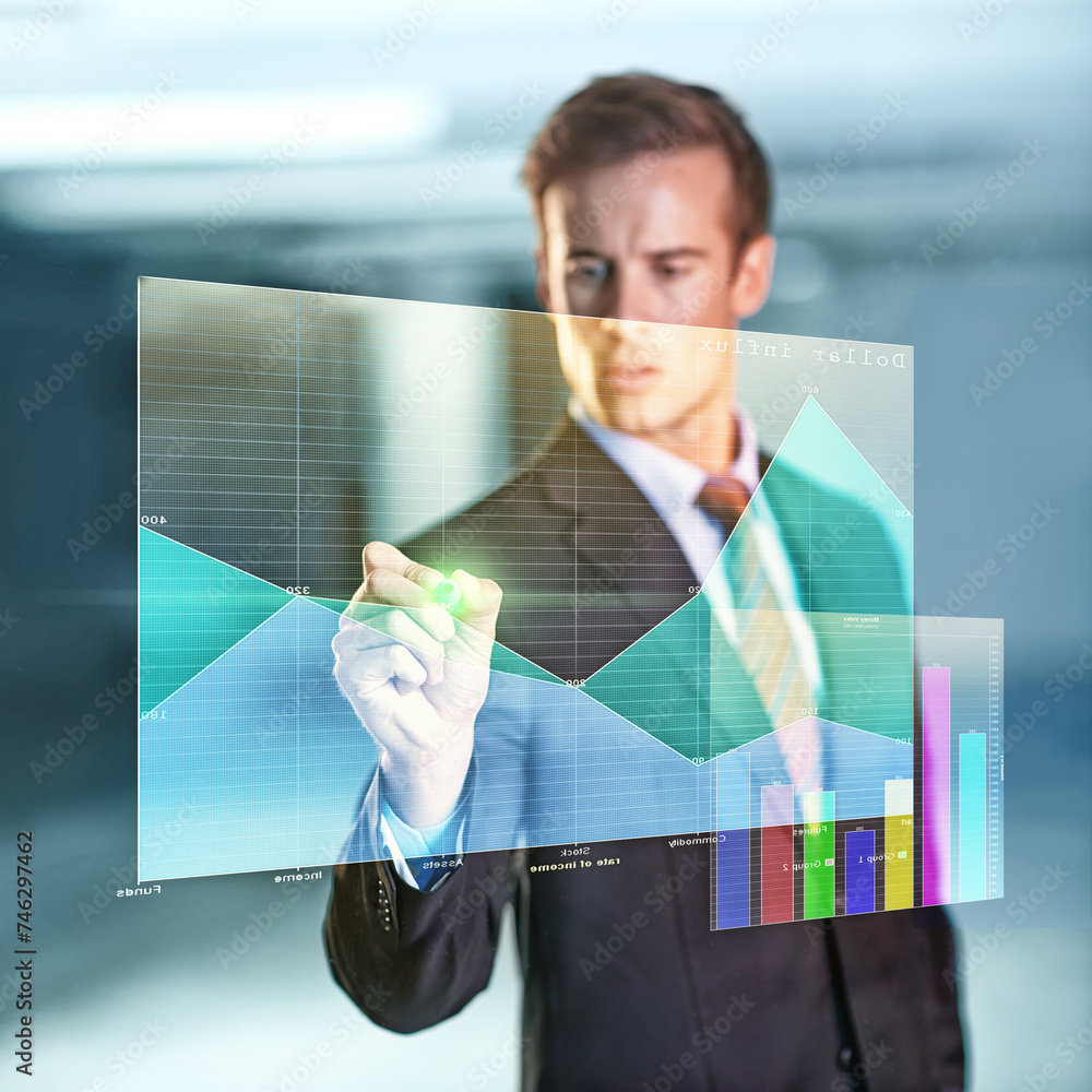 Poster businessman, drawing and graph with digital interface for future in software for corporate presentat
