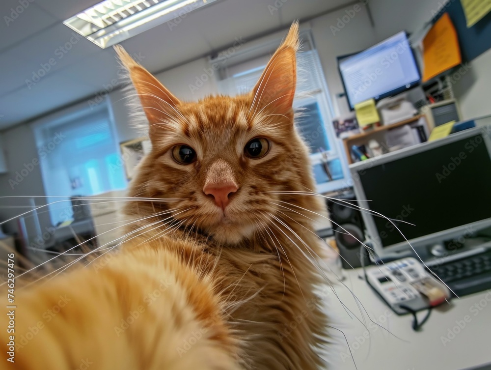 Aufkleber a cat is taking a selfie in front of a computer. generative ai.