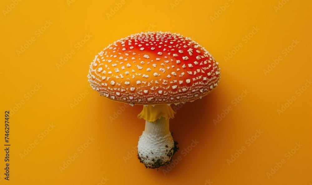 Sticker A red and white mushroom on a yellow background. Generative AI.