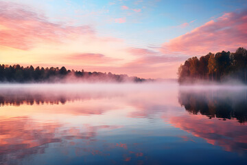 Tranquil Morning at a Lake Cabin: Vivid Sunrise Reflecting off Calm Waters with Silhouetted Pier