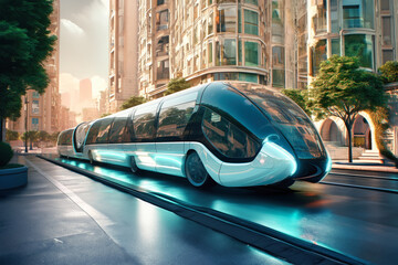 An impressive image of a magnetic levitation train illustrating the future of efficient high-speed rail travel. Environmental friendliness of urban transport.