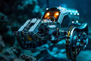  Futuristic Underwater Exploration Robot Navigates Coral Reefs Banner - obrazy, fototapety, plakaty