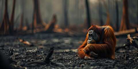 Solitude of the Orangutan Amidst the Charred Forest Remains.. - obrazy, fototapety, plakaty