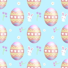 Seamless pattern featuring an adorable Easter egg, flower, and rabbit on blue background