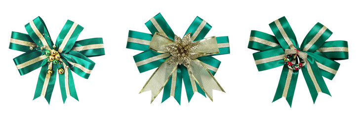 Set with beautiful green gift bow. Ribbon with gold bow glittering on white background, banner...