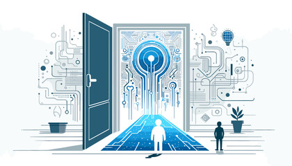 Concept of a futuristic and sophisticated image of the AI world seen through the door. Vector illustration.