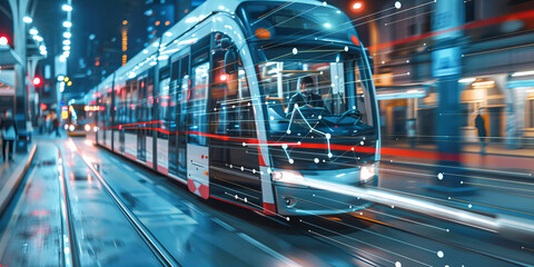 Futuristic Cityscape with Blur Motion Modern Tram at Night Banner - obrazy, fototapety, plakaty