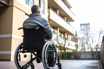 Obraz premium Man in Wheelchair Gazing Out Window, Depicting Loneliness and Solitude