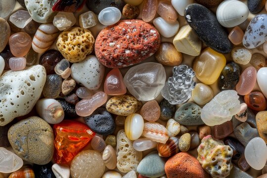 Close up of sand grains from different beaches showing unique colors and shapes microscopic detail stock photo style