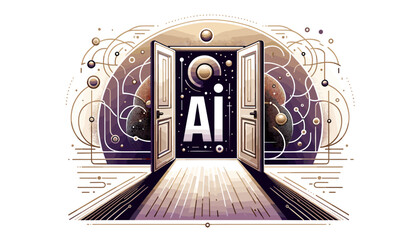 Concept of a futuristic and sophisticated image of the AI world seen through the door. Vector illustration.