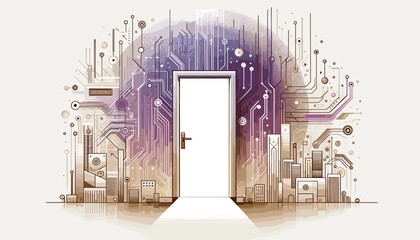 Concept of a futuristic and sophisticated image of the AI world seen through the door. Vector illustration.