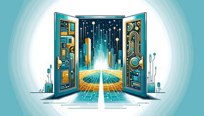 Concept of a futuristic and sophisticated image of the AI world seen through the door. Vector illustration.