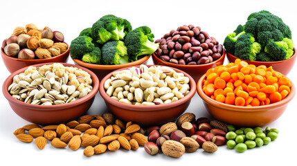 Fototapeta premium Assorted Nuts, Broccoli, and Peas in Wooden Bowls