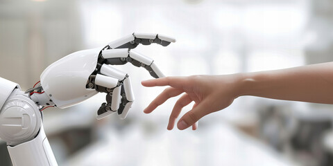 uman and Robot Hand About to Touch in Harmonious Future