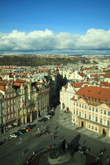 Fototapeta na wymiar Visit to the interior of the Prague Astronomical Clock and panoramic view of the city of Prague, Church of Our Lady of Týn, Prague Castle, and Old Town Square of prague, V tower