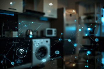 Fototapeta premium Futuristic Smart Home Connectivity Network Concept in Dark Room