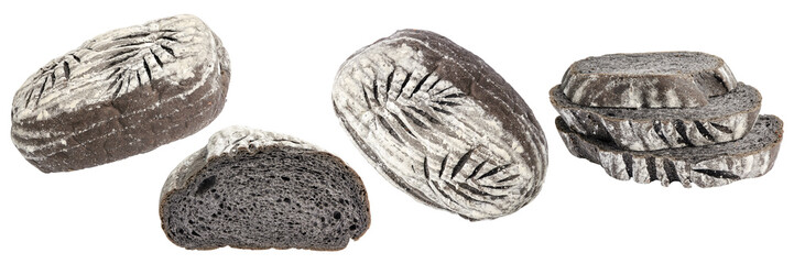 Set of Organic homemade charcoal bread, black bread on white background. Healthy homemade pastry. - obrazy, fototapety, plakaty