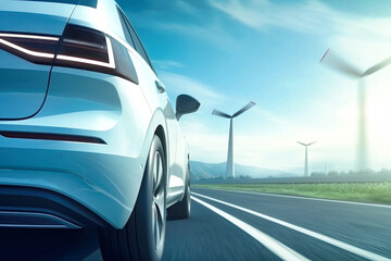 Fototapeta premium Electric Car Driving With Windmills in Background