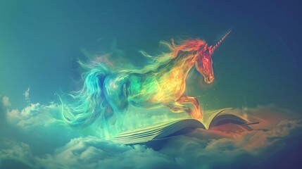 A curious reader finds a hidden page in a storybook and as they trace the drawing of a unicorn it comes alive hopping off the page its coat a soft pastel rainbow - obrazy, fototapety, plakaty