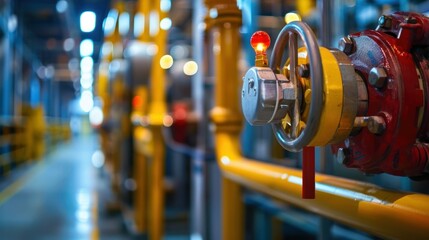 Obraz premium Industrial Valve on Pipes with Bokeh Lights. Close-up of a red industrial valve attached to yellow pipes in a factory setting, illuminated by bokeh lighting.