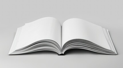 Open Blank Book on a Neutral Background. An open book with blank white pages lies flat, offering a template against a neutral gray background for adding content or design.