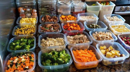 Organized Meal Prep Containers with Healthy Food. Meal preparation containers neatly organized with a variety of healthy foods including vegetables, grains, and proteins.