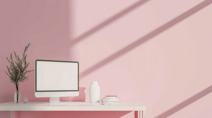 Minimalist Workspace with Computer and Pink Wall. A minimalist modern workspace featuring a computer on a white desk, complemented by a pastel pink wall and subtle shadows.