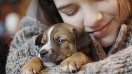 Young Woman Embracing a Sleepy Puppy. A tender moment captured as a young woman gently cradles a sleepy puppy in her arms, offering warmth and comfort to her furry friend.