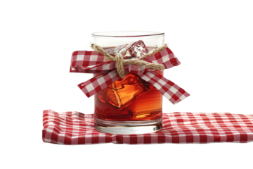 Glass Jar Filled With Liquid on Red and White Checkered Cloth. A glass jar filled with liquid sits prominently on top of a red and white checkered cloth. On PNG Transparent Clear Background.