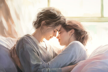 Fototapeta premium A couple of women, both in a loving relationship, are laying next to each other in bed, showing affection and intimacy