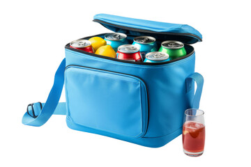 Blue Cooler Bag Filled With Soda Cans. A blue cooler bag is shown filled with various cans of soda, ready to provide refreshment on a hot day. On PNG Transparent Clear Background.