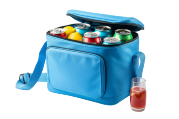 Blue Cooler Bag Filled With Soda Cans. A blue cooler bag is shown filled with various cans of soda, ready to provide refreshment on a hot day. On PNG Transparent Clear Background.