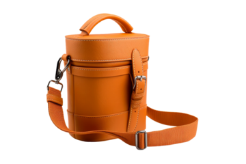 Orange Leather Case With Strap. An orange leather case with a strap is positioned. The case is sleek and modern in design. On PNG Transparent Clear Background.