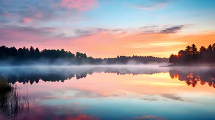 Photo sur Plexiglas Réflexion Tranquil Morning at a Lake Cabin: Vivid Sunrise Reflecting off Calm Waters with Silhouetted Pier