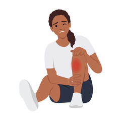Unhealthy black girl sit on ground suffer from knee pain. Unhappy unwell woman struggle with leg injury or trauma. Flat vector illustration
