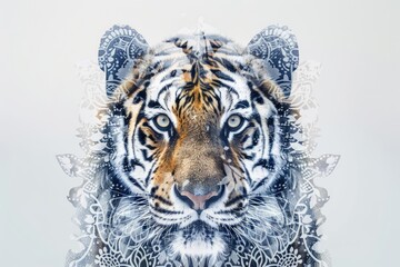 A tiger overlaid with the intricate patterns of a mandala design in a double exposure