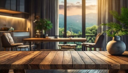 Fototapeta na wymiar table and chairs in a restaurant, Wood table with blurred modern apartment interior background, Empty wooden tabletop with blurred living room background, wood, wooden,residential, Ai Generate