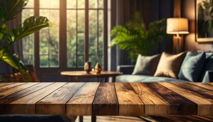 living room with table and chairs, Wood table with blurred modern apartment interior background, Empty wooden tabletop with blurred living room background, wood, wooden,residential, Ai Generate 