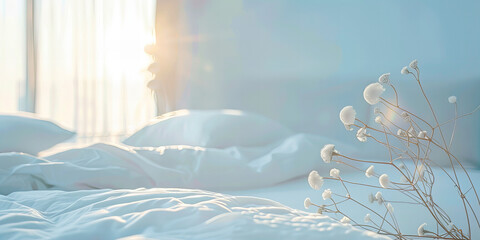 Title: Tranquil Morning Light Cascading Across Cozy Bedroom Interior Banner