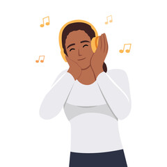 Beautiful black woman listening to music with white earphones. Flat vector illustration
