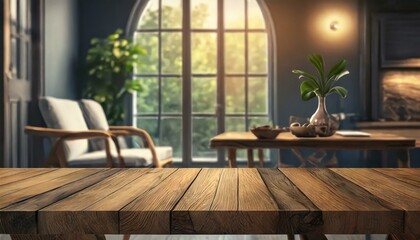 Wood table with blurred modern apartment interior background, Empty wooden tabletop with blurred living room background, wood, wooden,residential, Ai Generate	
