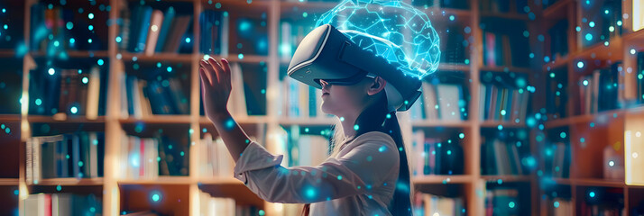 Smart school girl pupil with VR glasses googles studying the astronomy space and neural connections of the brain in the library at school. Simulation technology and science. Female student uses a - obrazy, fototapety, plakaty