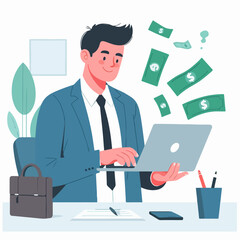 Flat design illustration of making money. Business youth making money over the internet with laptop