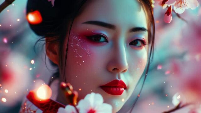 A stunning closeup of a woman with a traditional Japanesestyle makeup look, with soft pink eyeshadow and a bright red lip, surrounded by falling cherry blossom sparks.