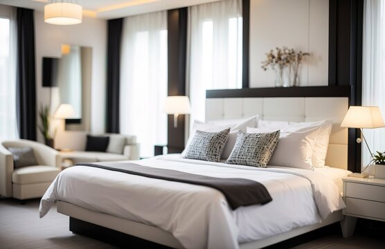 Clean and comfortable hotel bedroom with white theme