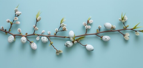 Flat lay Easter composition with a willow branch and eggs on a blue background