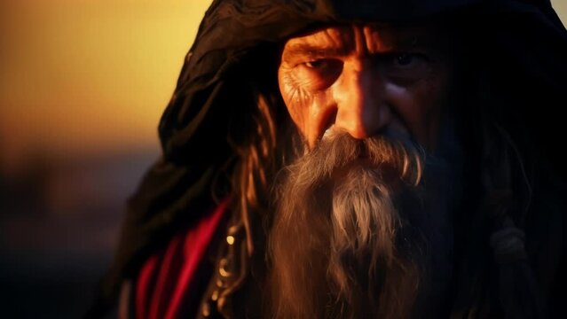 Framed by a red sunset, a fearsome pirate captain donned in a long, flowing black cloak glowers menacingly. Every wrinkle on his face tells stories of shed and ruthless conquests.