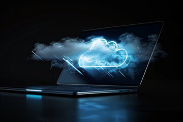 Title: Futuristic Cloud Computing Concept with Dynamic Lightning Effect..The background color of the image is predominantly dark with shades of black and blue...Banner