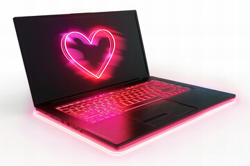 Title: Glowing Neon Heart Display on Futuristic Laptop Love Concept