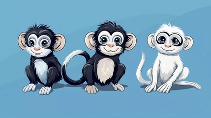 Set of three different cute monkeys. Black and white colors. Colorful trendy Vector Illustration